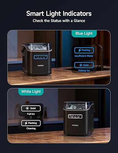Black ice maker with blue and white light indicators on a wooden surface.
