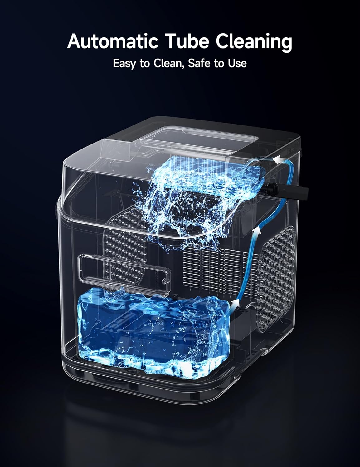 Automatic tube cleaning device with blue liquid on a black background