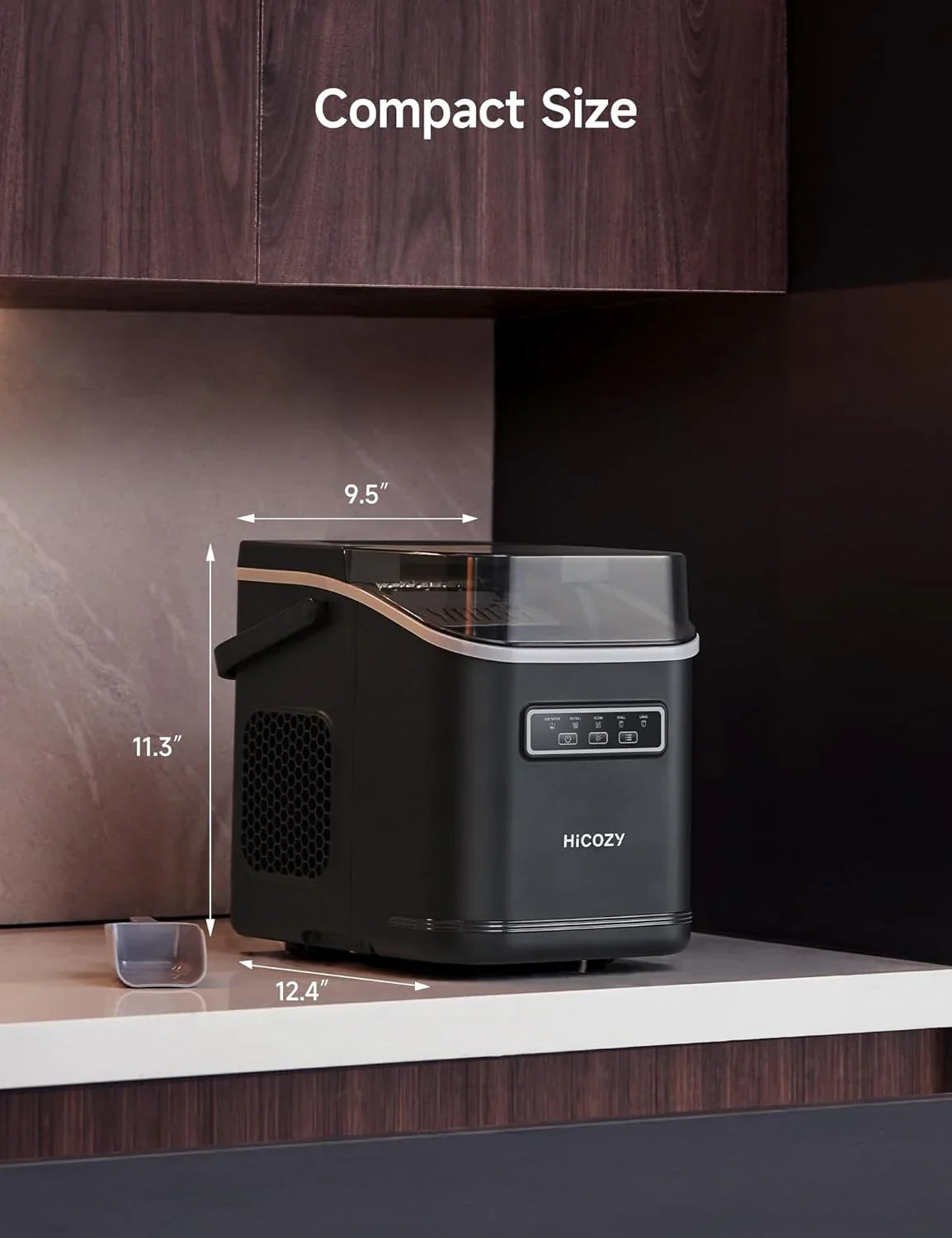 Compact black HICOZY device on a wooden surface with measurements indicated.