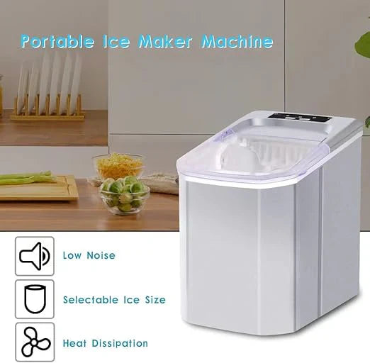 Portable ice maker machine on a kitchen counter with features highlighted.