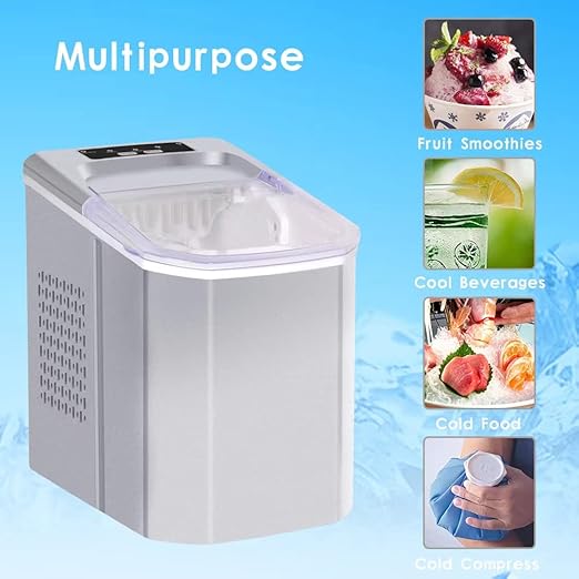 Ice cube maker with images of its uses on a blue background