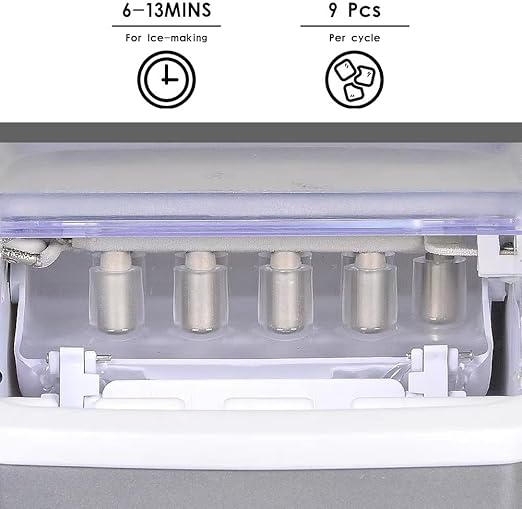 Ice maker with text indicating time and quantity of ice produced
