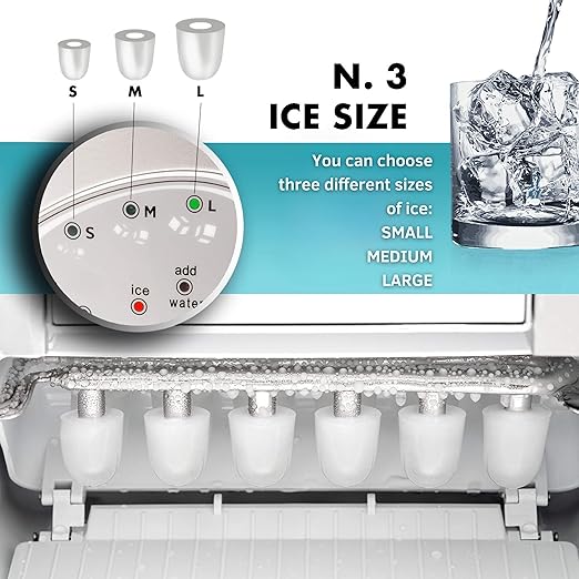 Ice maker with adjustable ice size settings and a glass of water with ice cubes.
