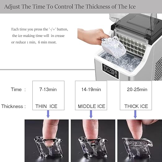 Ice maker with instructions on adjusting time to control ice thickness