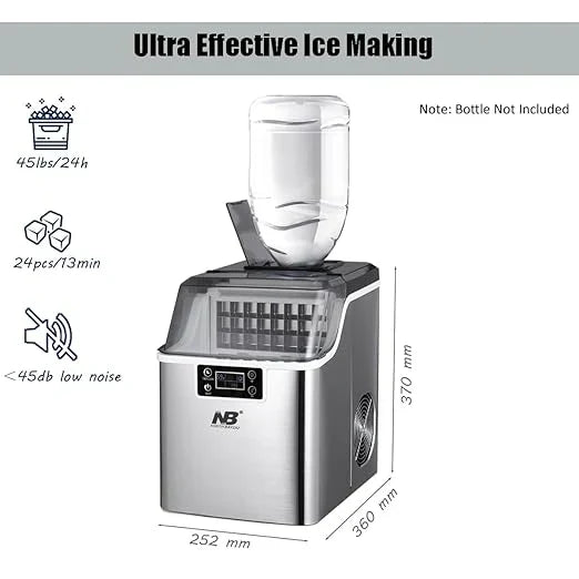 Ice maker machine with features and specifications on a white background