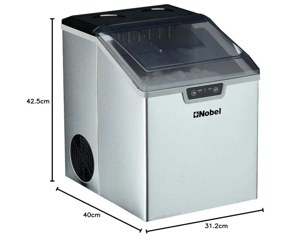 Nobel ice machine with dimensions labeled on a white background