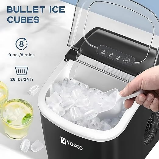 Vosco ice maker with a scoop of ice cubes and glasses of lemonade in the background.