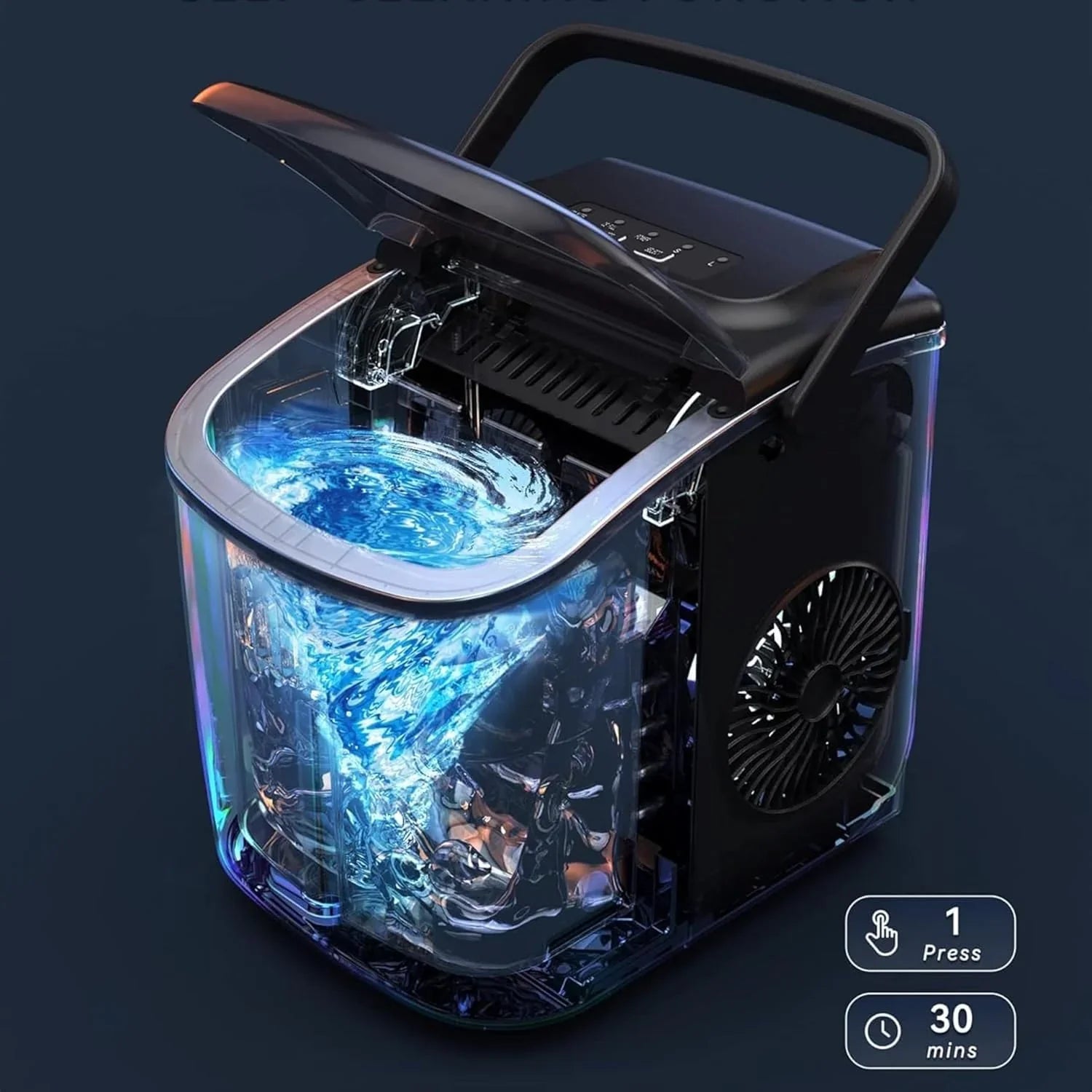 High-tech device with blue liquid inside on a dark background