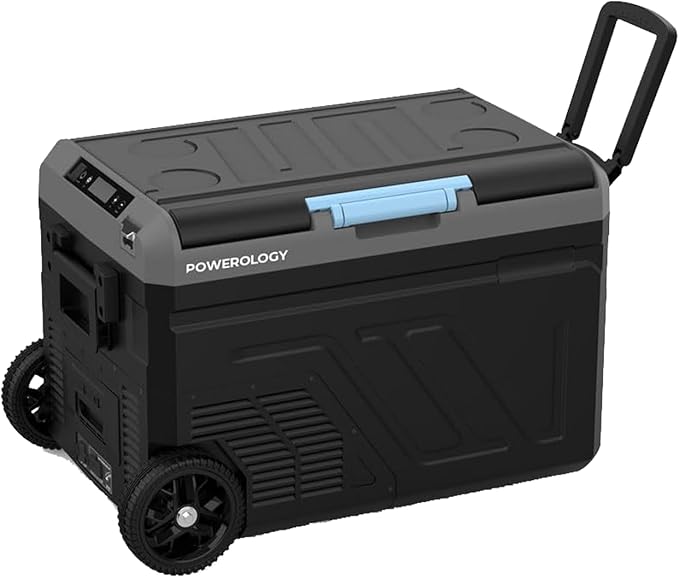 Black power station with wheels and a blue handle on a white background