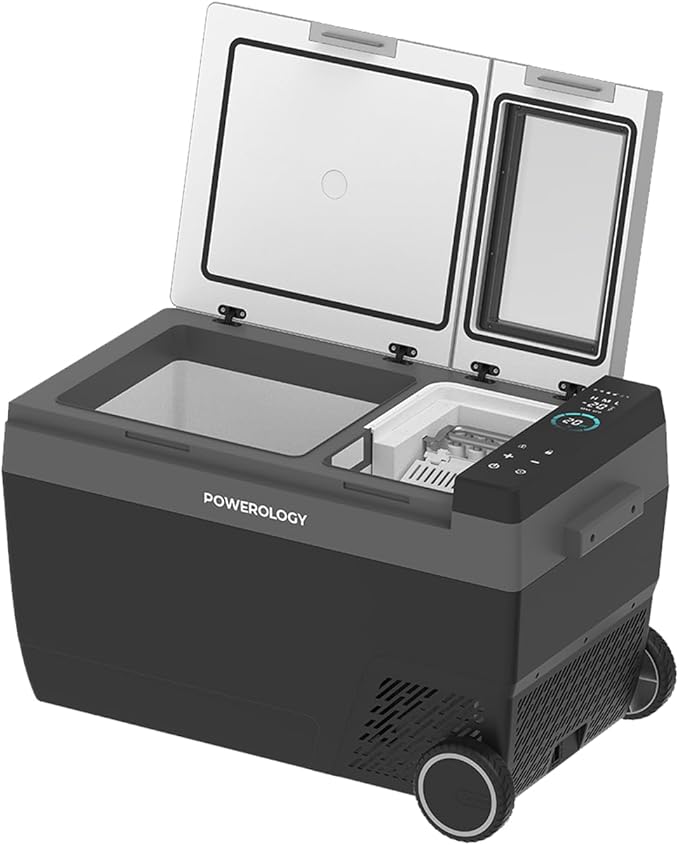 Portable refrigerator with Powerology branding on a white background