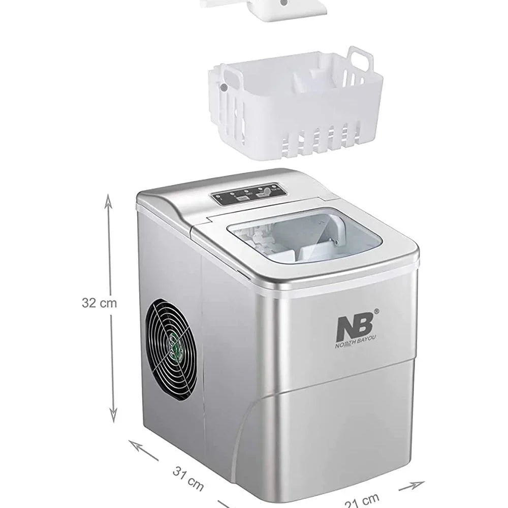 Portable ice maker with dimensions labeled on a white background