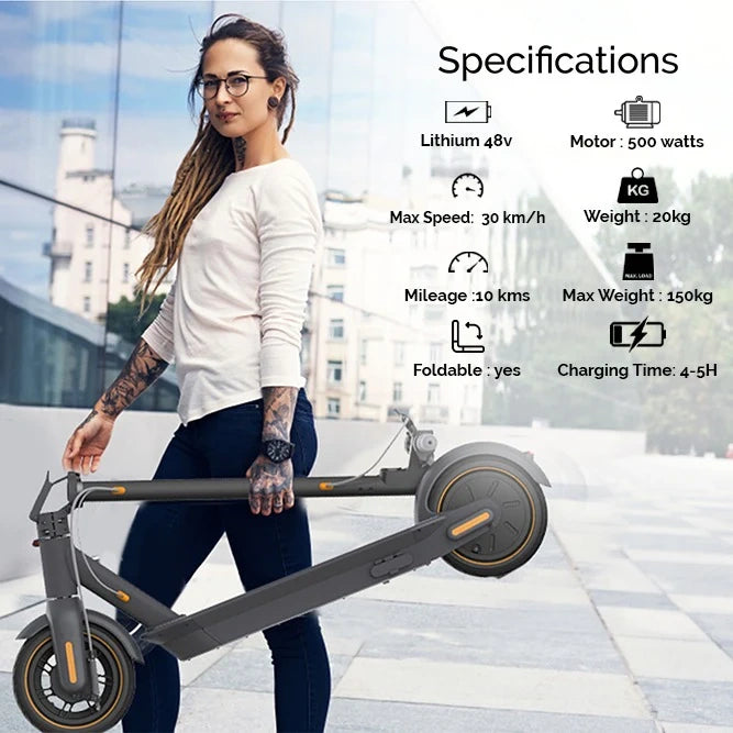 Woman holding a folded electric scooter with specifications displayed on a blurred city street background