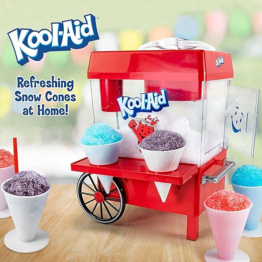 Kool-Aid snow cone machine with colorful snow cones on a wooden surface.