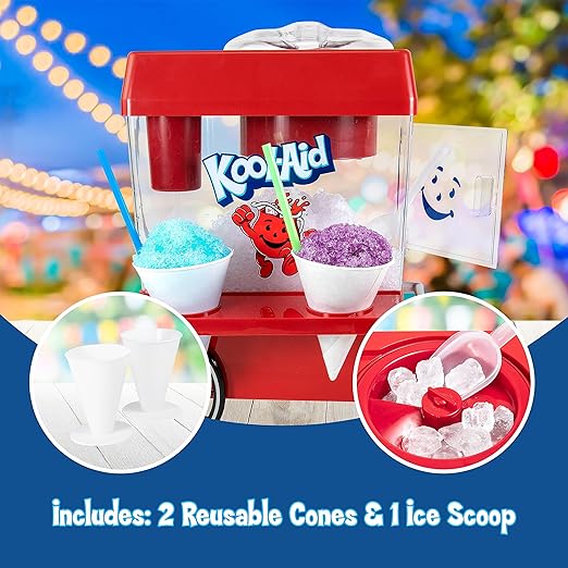 Kool-Aid slushie maker with colorful slushies and accessories on a festive background