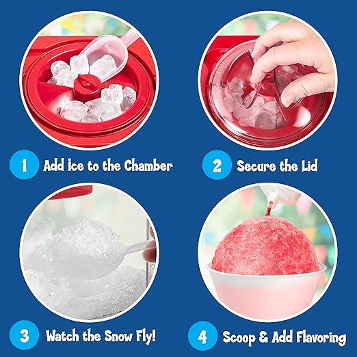 Step-by-step guide on how to use a snow cone machine with images and text.