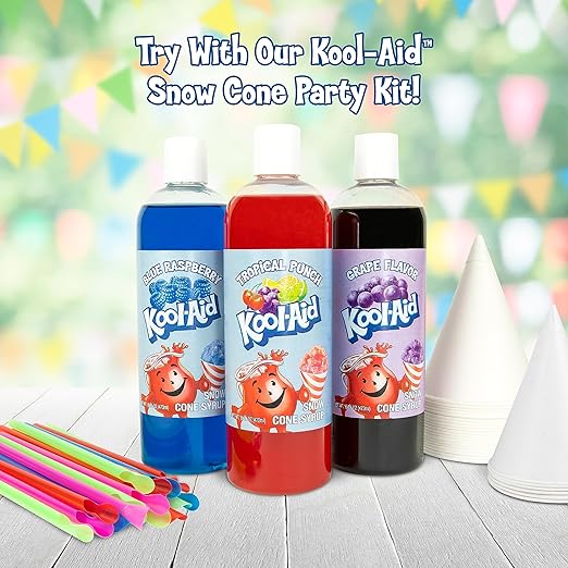 Three bottles of Kool-Aid snow cone syrup with colorful straws and snow cones on a wooden surface.