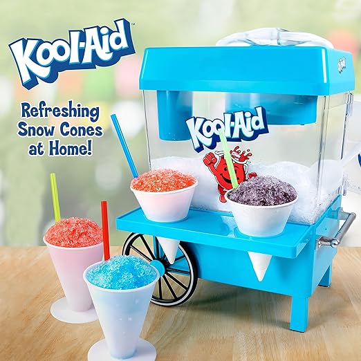 Kool-Aid snow cone machine with colorful snow cones on a wooden surface.