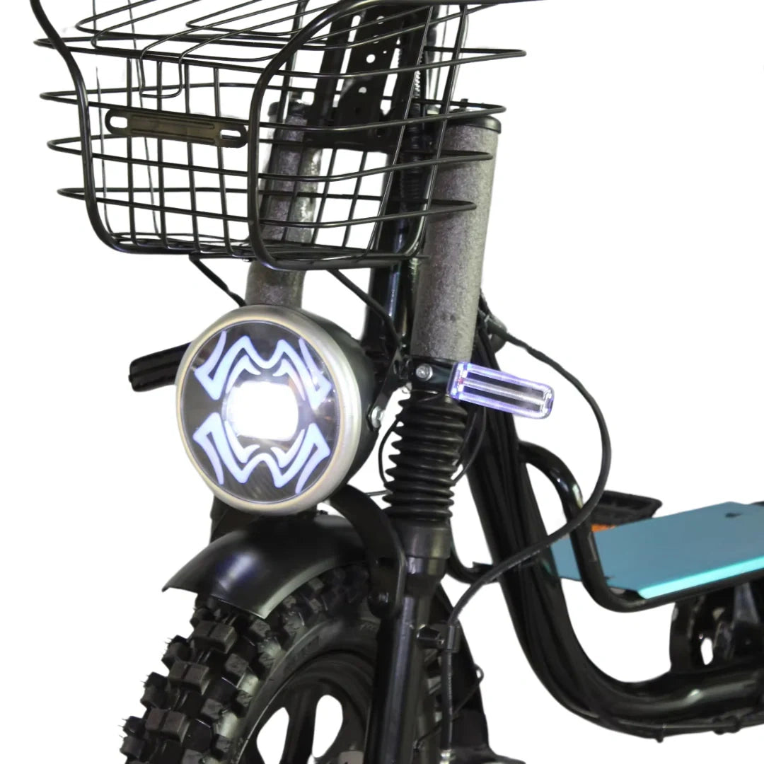 Close-up of a bicycle with a front light and basket on a white background