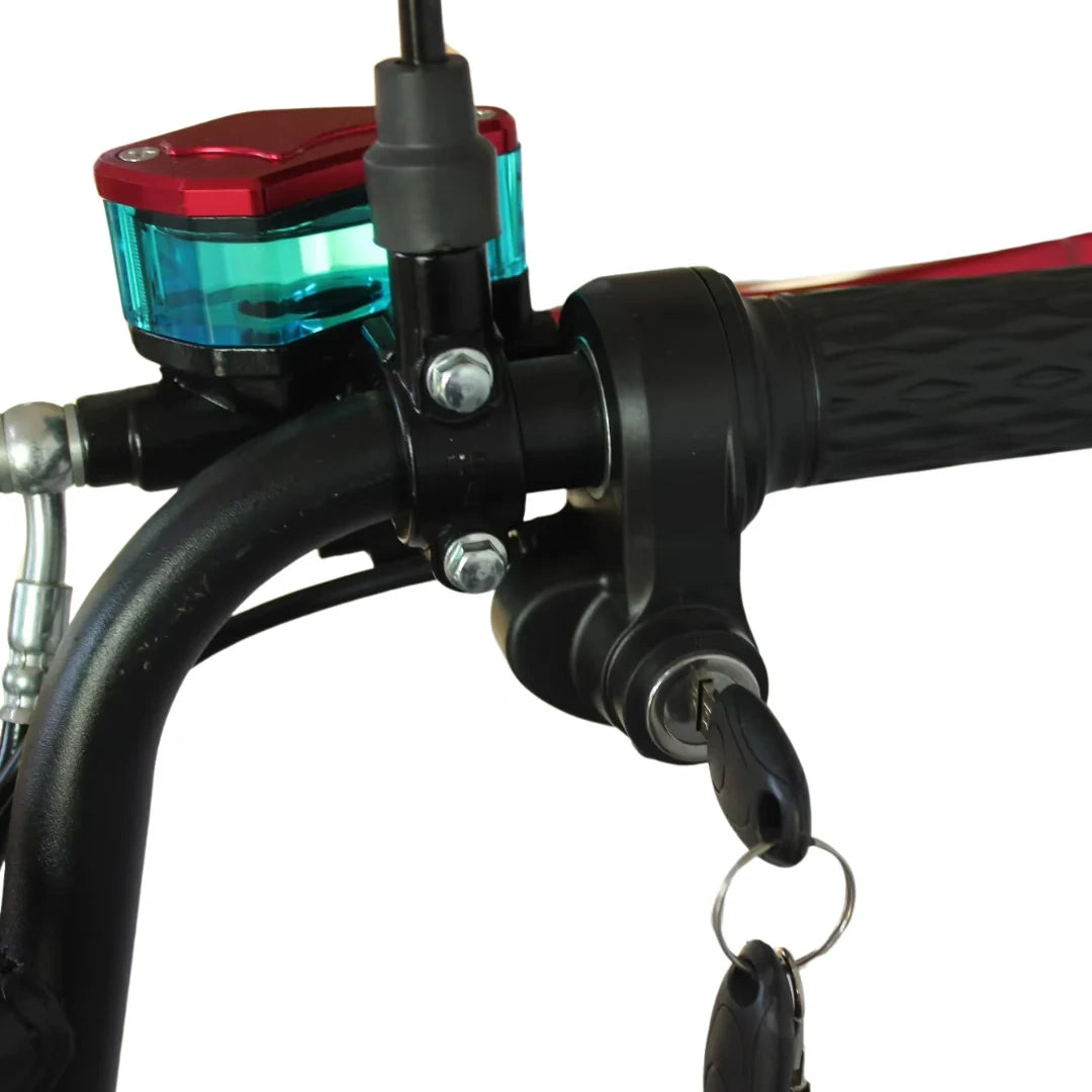 Close-up of a motorcycle handlebar with red and green lights on a white background