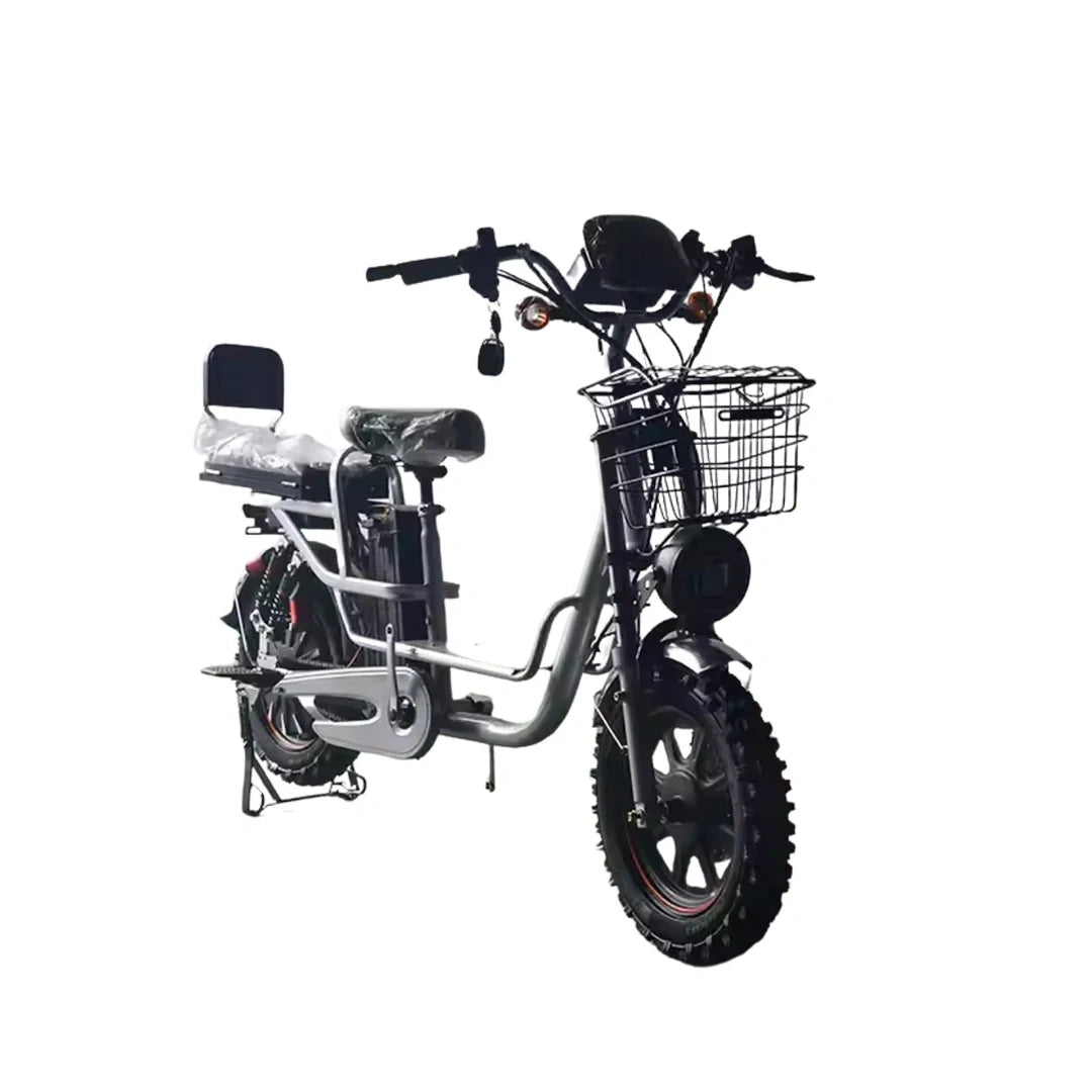 Electric bike with a basket on a white background