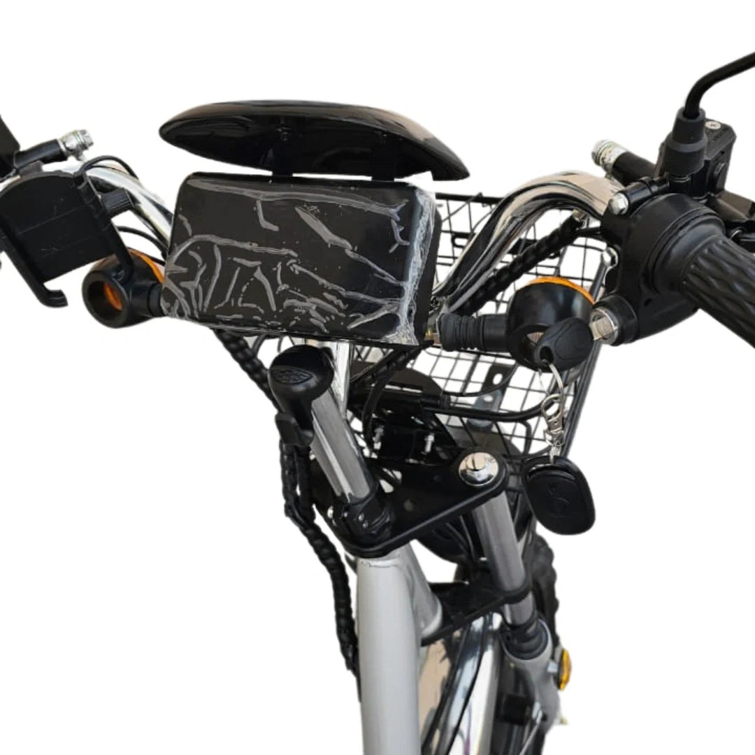 Close-up of a bicycle with a basket and seat on a white background