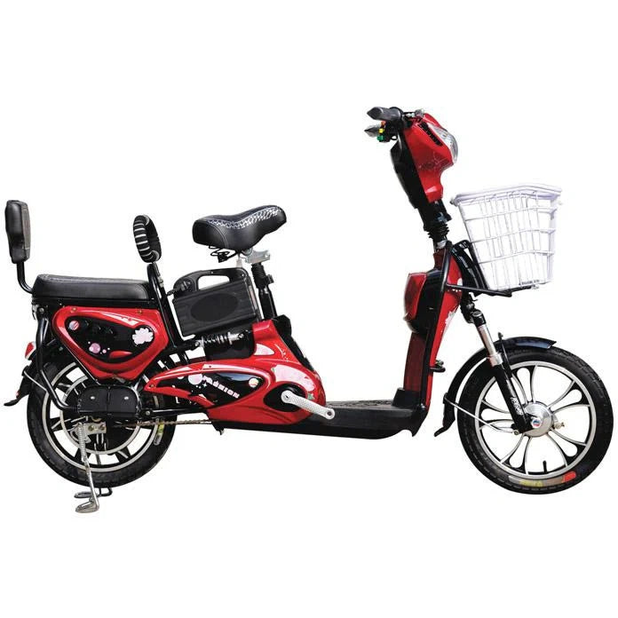 Red and black electric bicycle with a basket on a white background