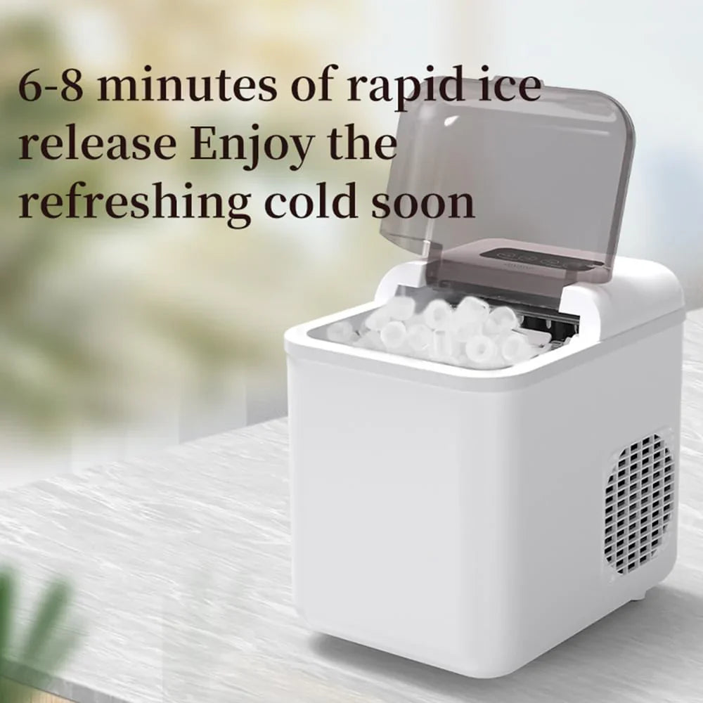 Portable ice maker with ice cubes on a blurred background