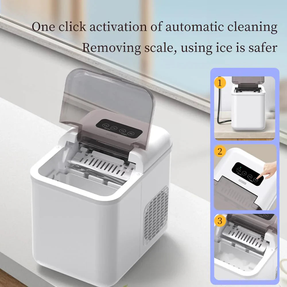 Ice maker machine with text on one-click activation and safety benefits, set against a light background.