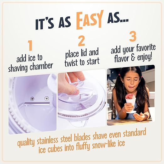 Instructions for using an ice cream maker with a child enjoying the product.