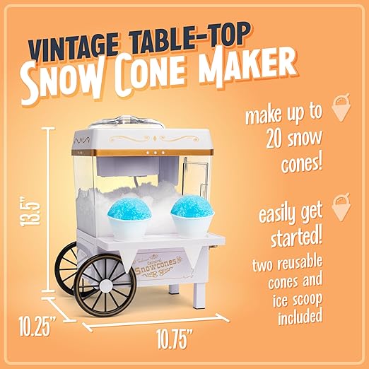 Vintage table-top snow cone maker with dimensions and features on an orange background