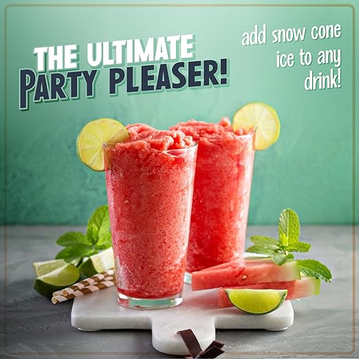 Two glasses of red slushie with lemon slices and watermelon pieces on a green background with text about snow cone ice.