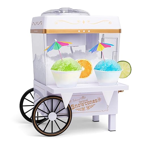 Snowcone machine with colorful snow cones on a white background