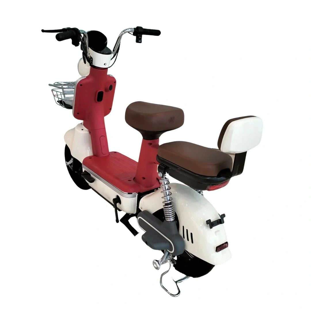 Red and white scooter with brown seat on a white background