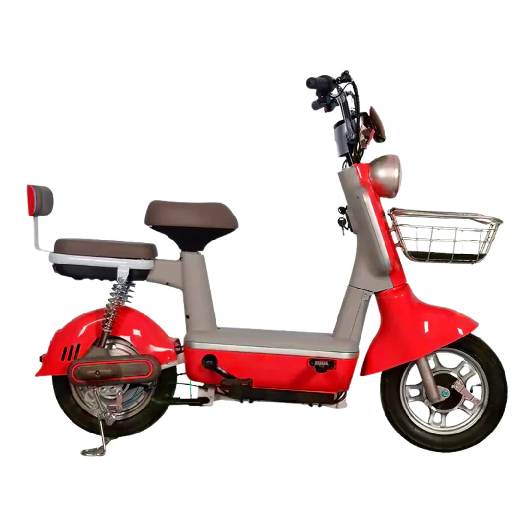 Red electric scooter with a brown seat on a white background