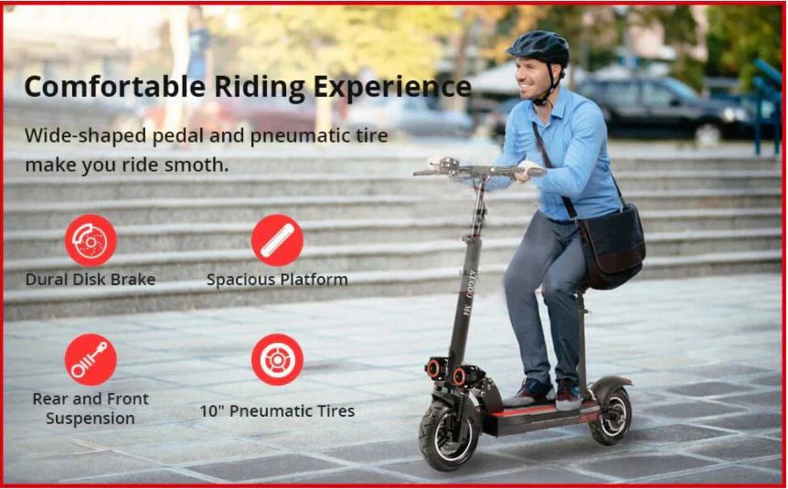 Person riding a scooter with text highlighting features on a blurred city street background