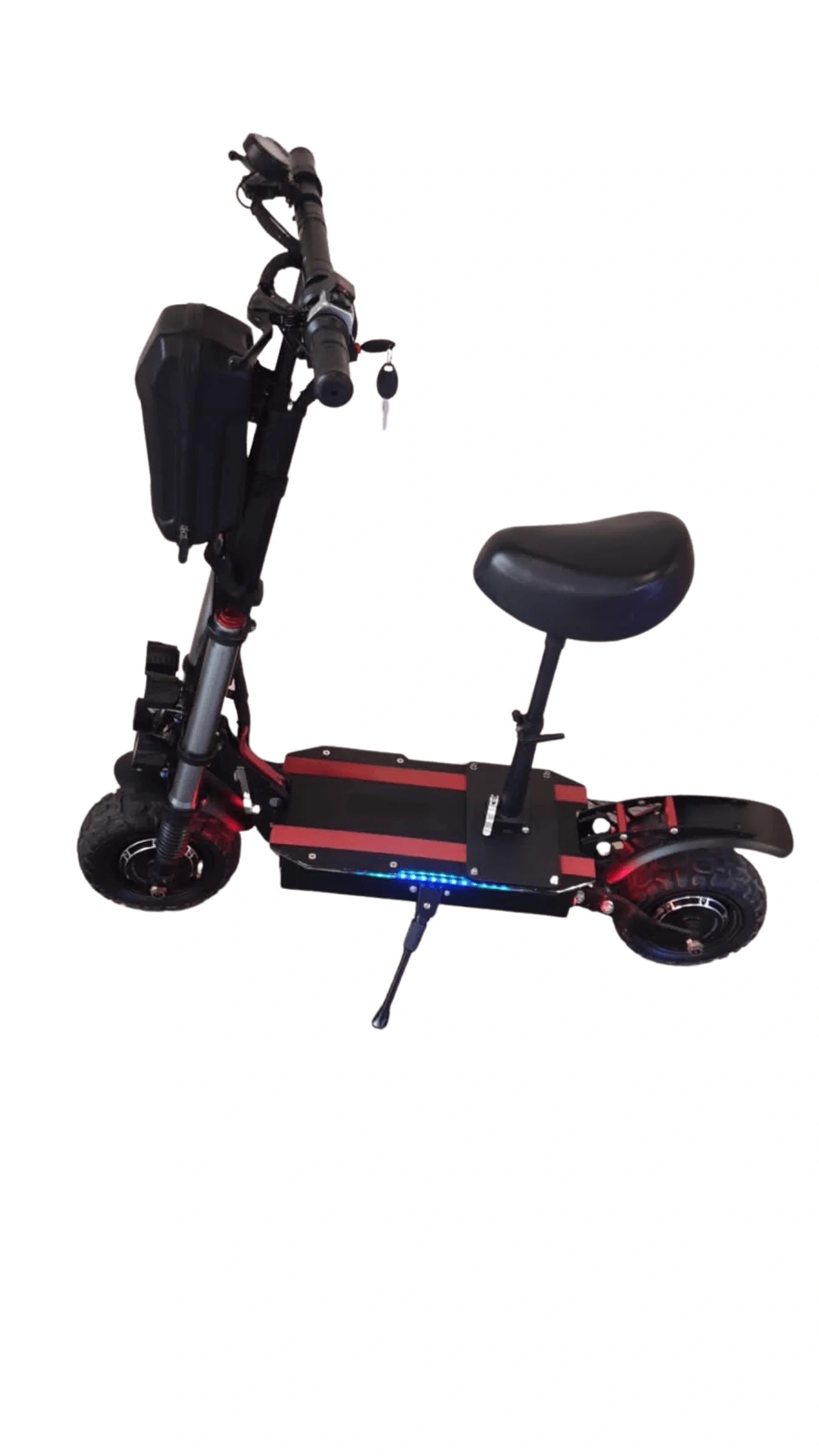 Black electric scooter with a seat on a white background