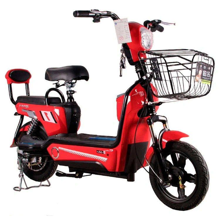 Red electric scooter with a black seat and basket on a white background
