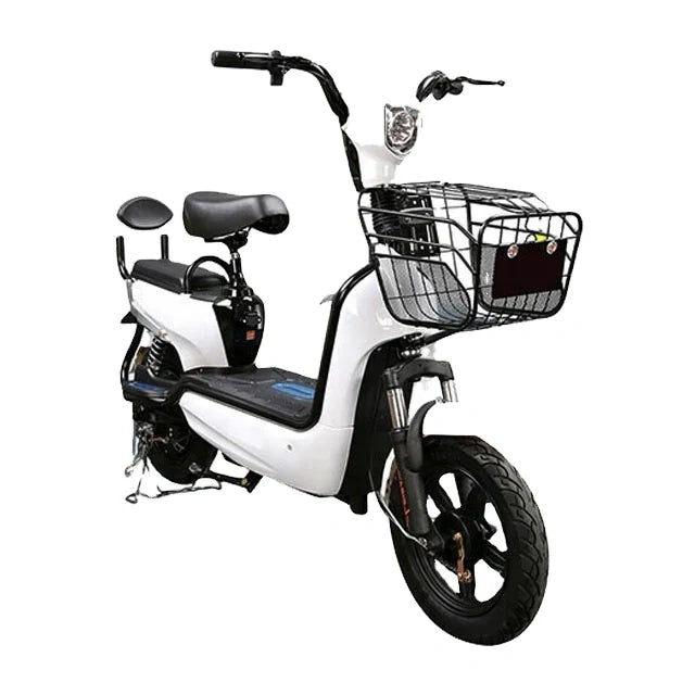 White electric bike with black seat and basket on a white background