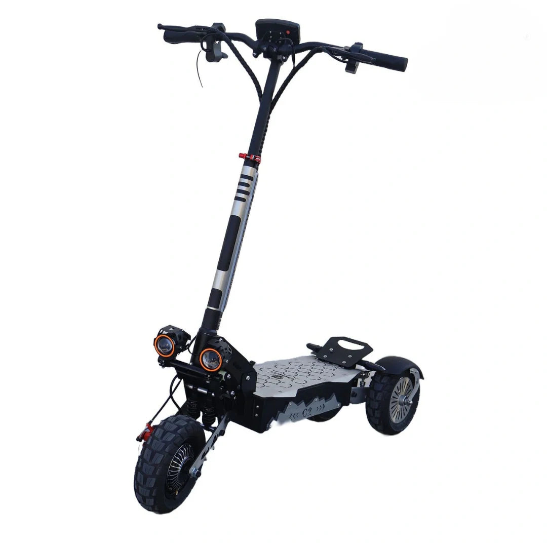 Black electric scooter with handlebar on a white background