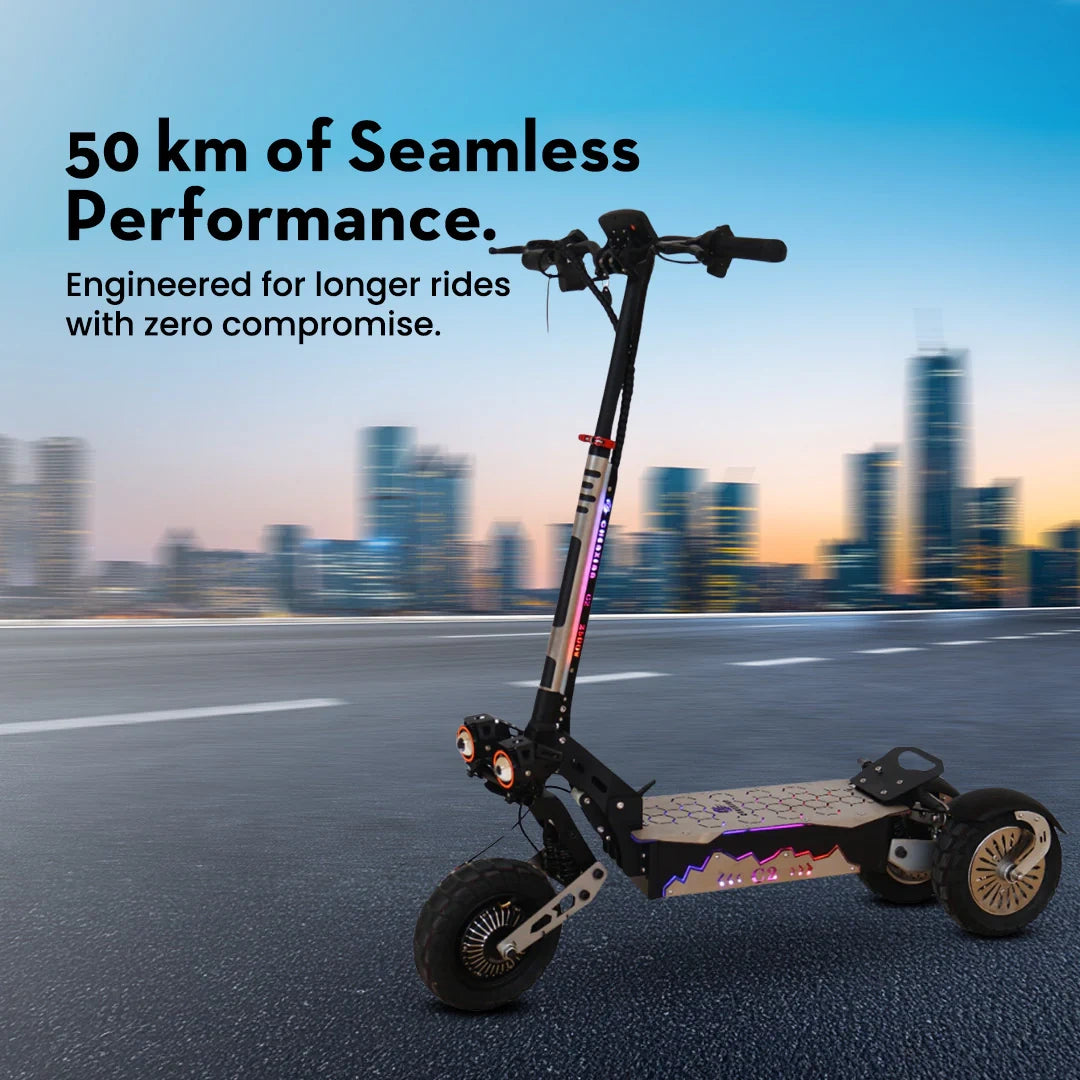 Electric scooter on a road with a cityscape in the background, highlighting performance features.