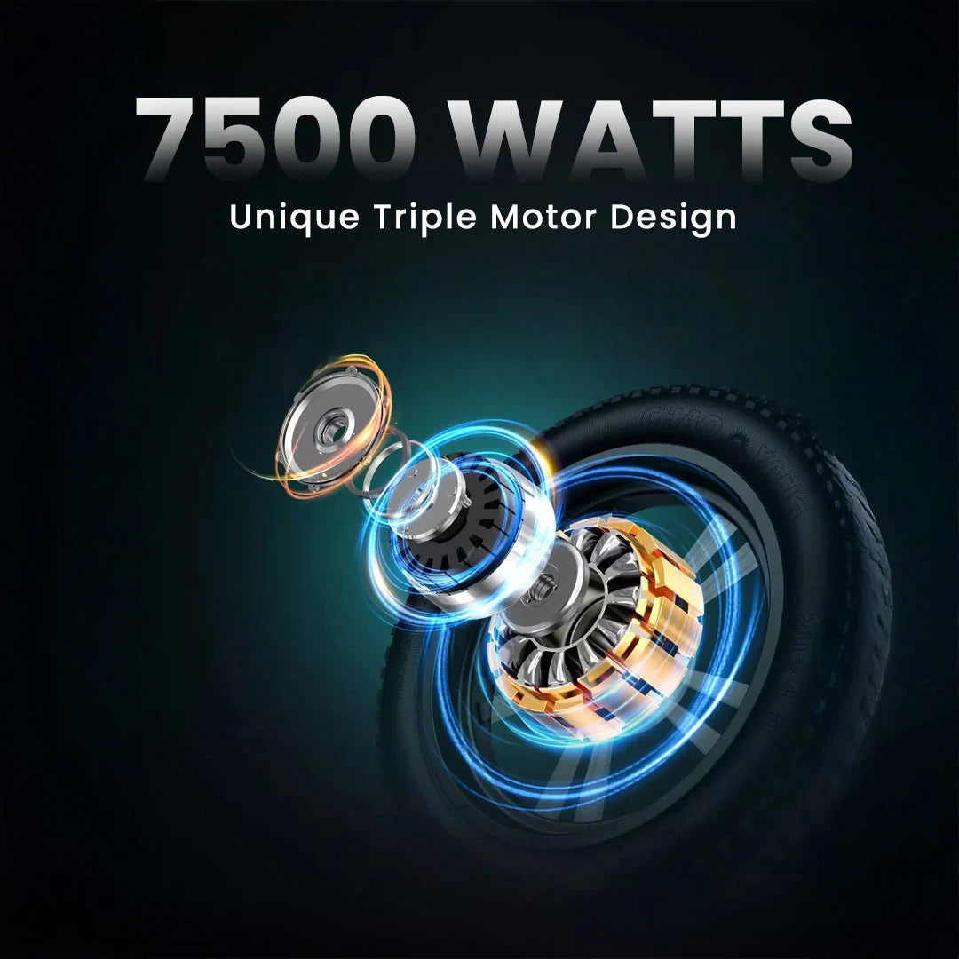 Motor design with '7500 Watts' and 'Unique Triple Motor Design' text on a dark background