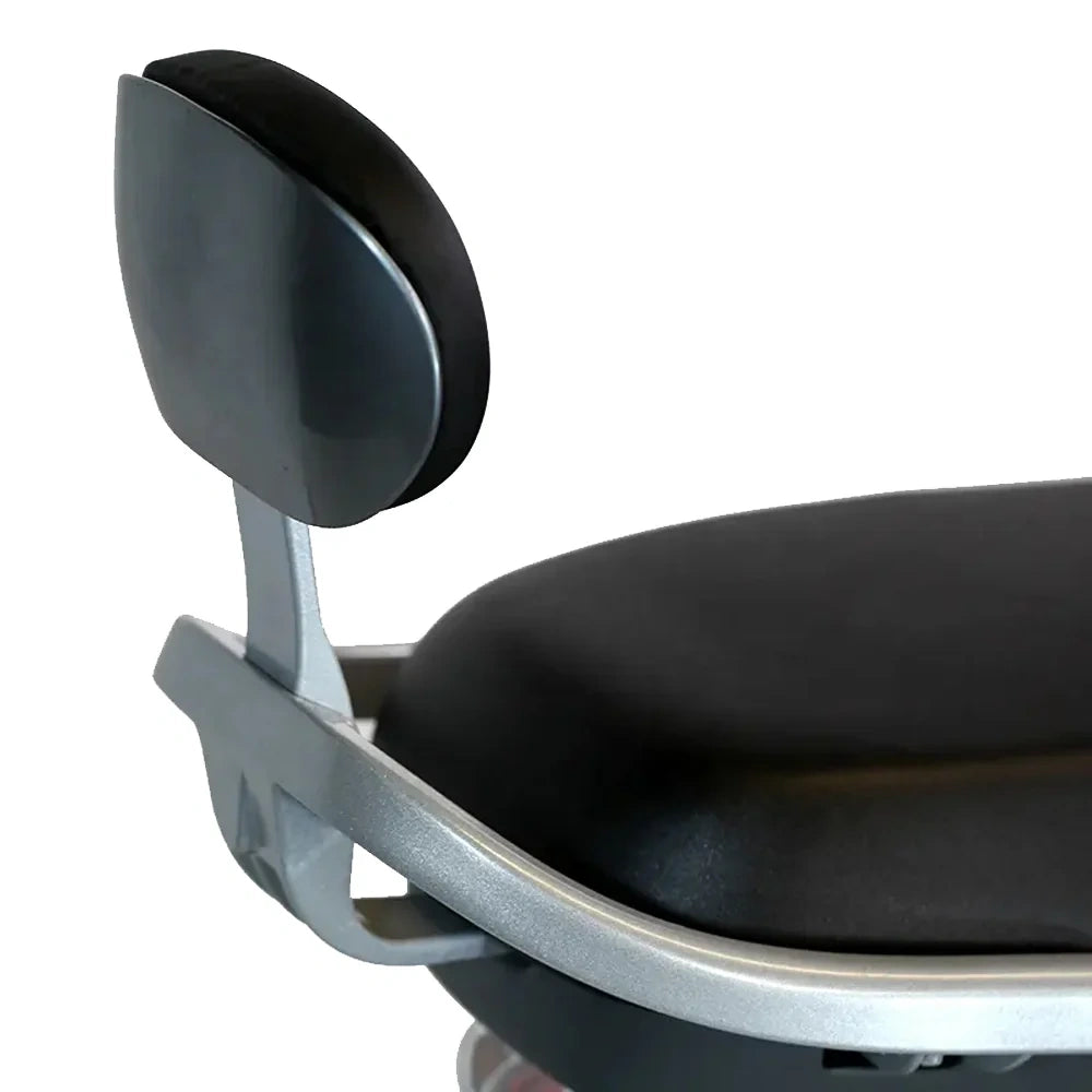 Close-up of a black office chair seat with a white background