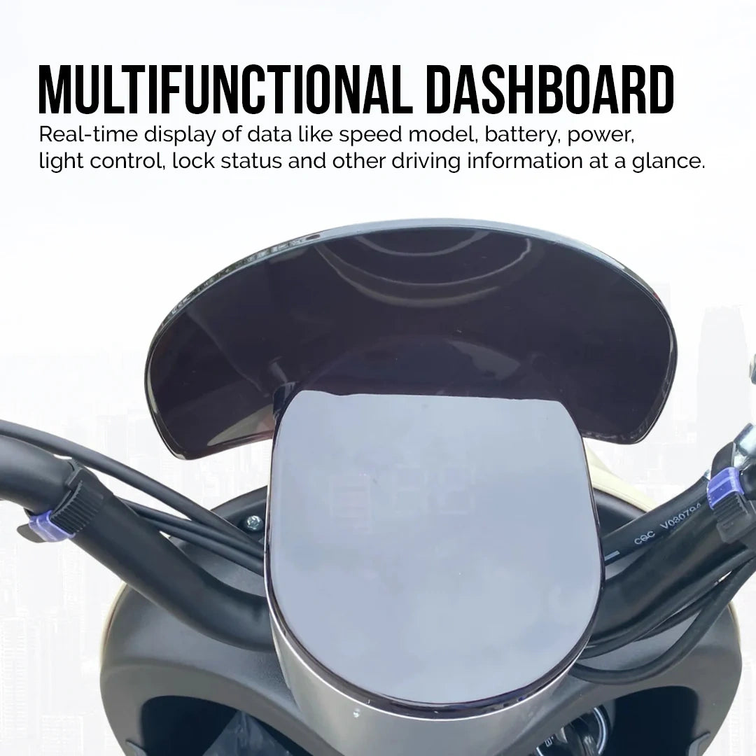 Multifunctional dashboard of a vehicle with text describing its features.