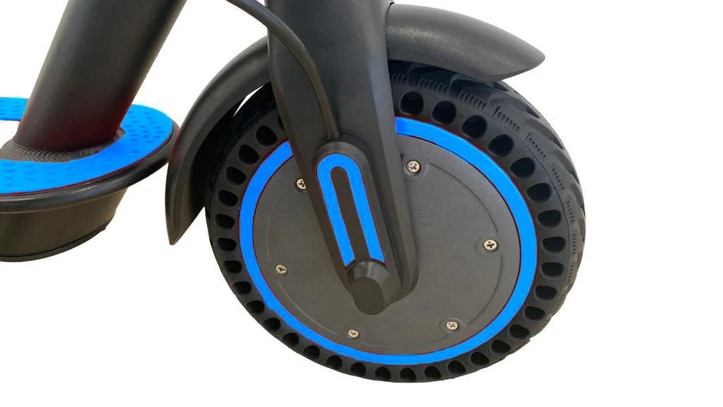 Close-up of a scooter wheel with blue rim on a white background