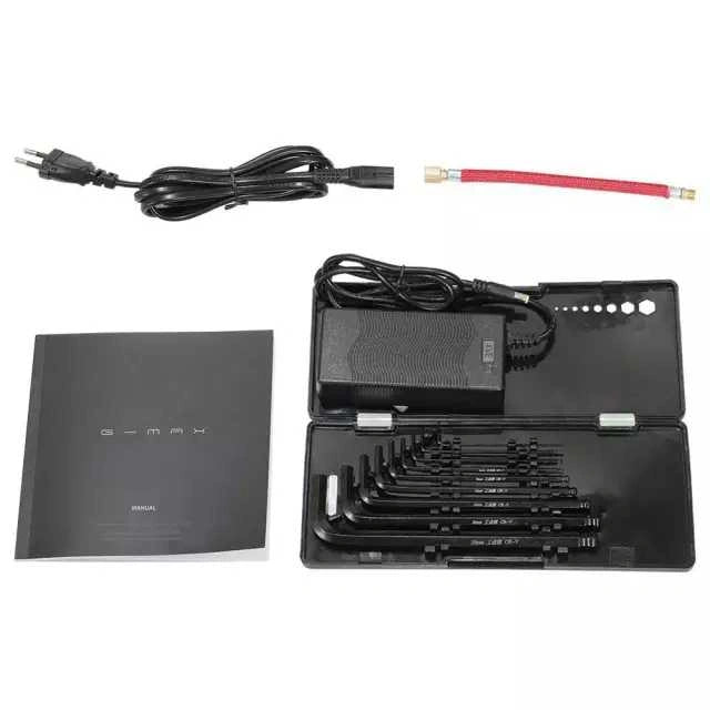 Collection of tools including a power adapter, cables, and a set of Allen keys on a white background.