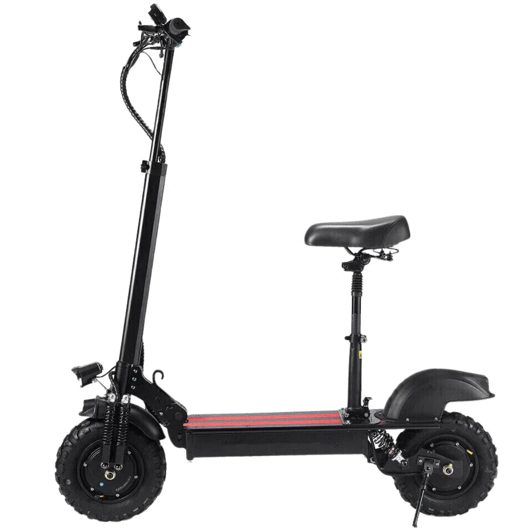 Black electric scooter with a seat on a white background