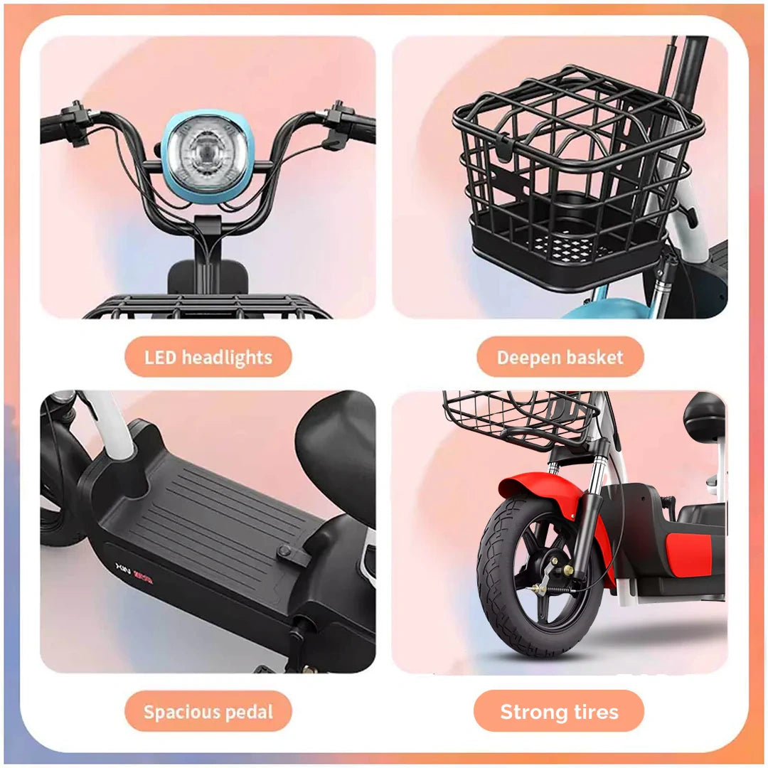 Electric Moped Style Bike with 500W Motor, Dual Seat, and Pedal Assist