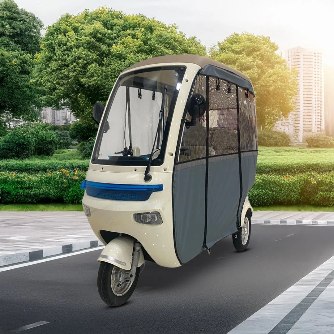 Enclosed 3-Passenger Electric Tricycle with Protective Roof and 800W Motor