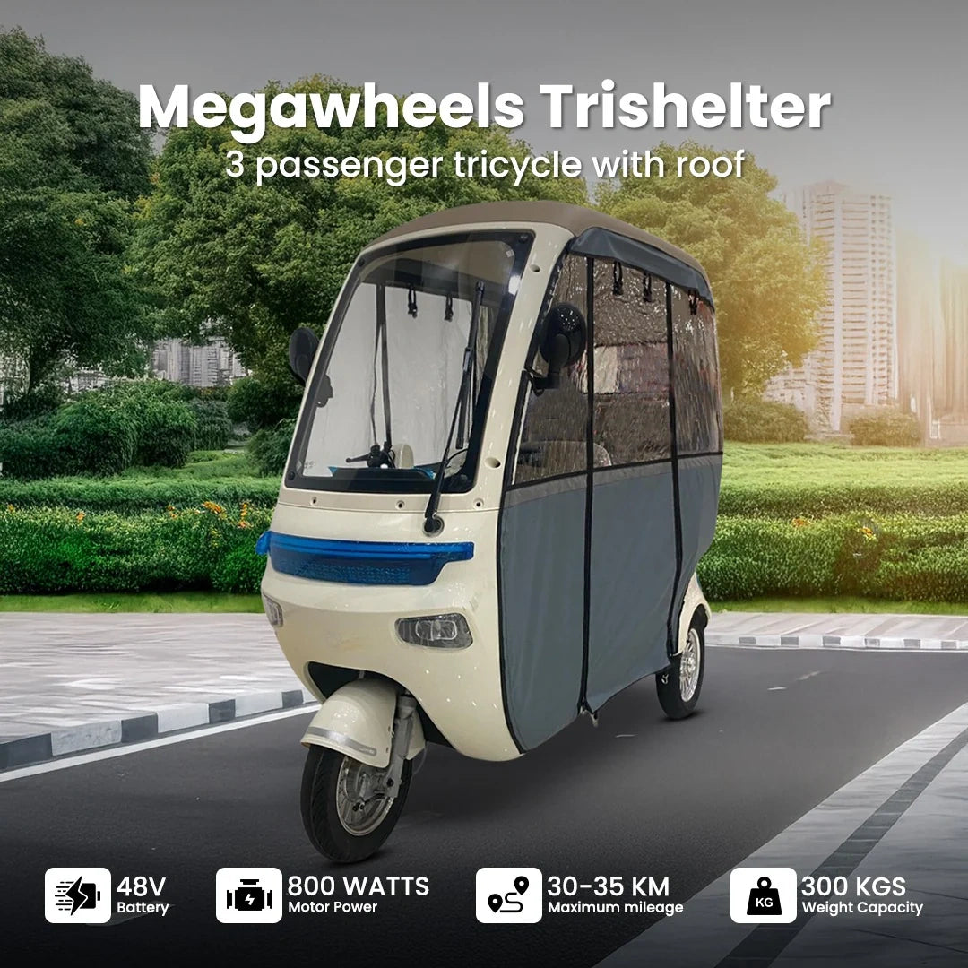 Enclosed 3-Passenger Electric Tricycle with Protective Roof and 800W Motor