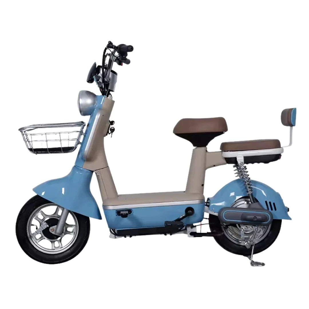 Moped Style Electric Bike with 450W Motor, Dual Seat, and Remote Keys